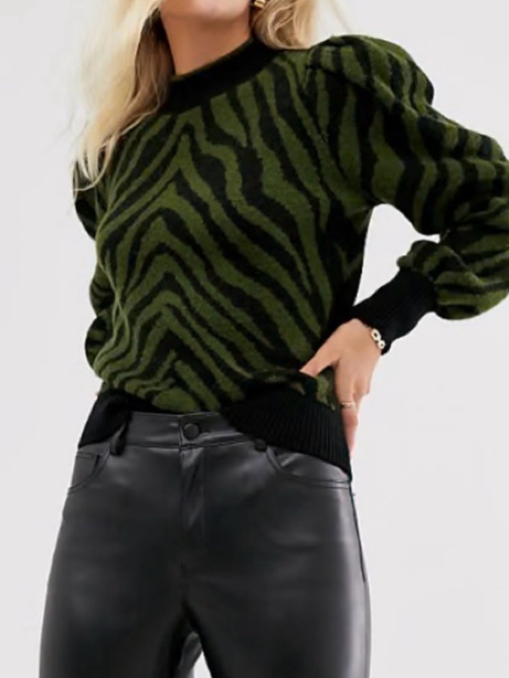 Cloud Chaser Olive Green & Black Zebra-Print Puff-Sleeve Sweater